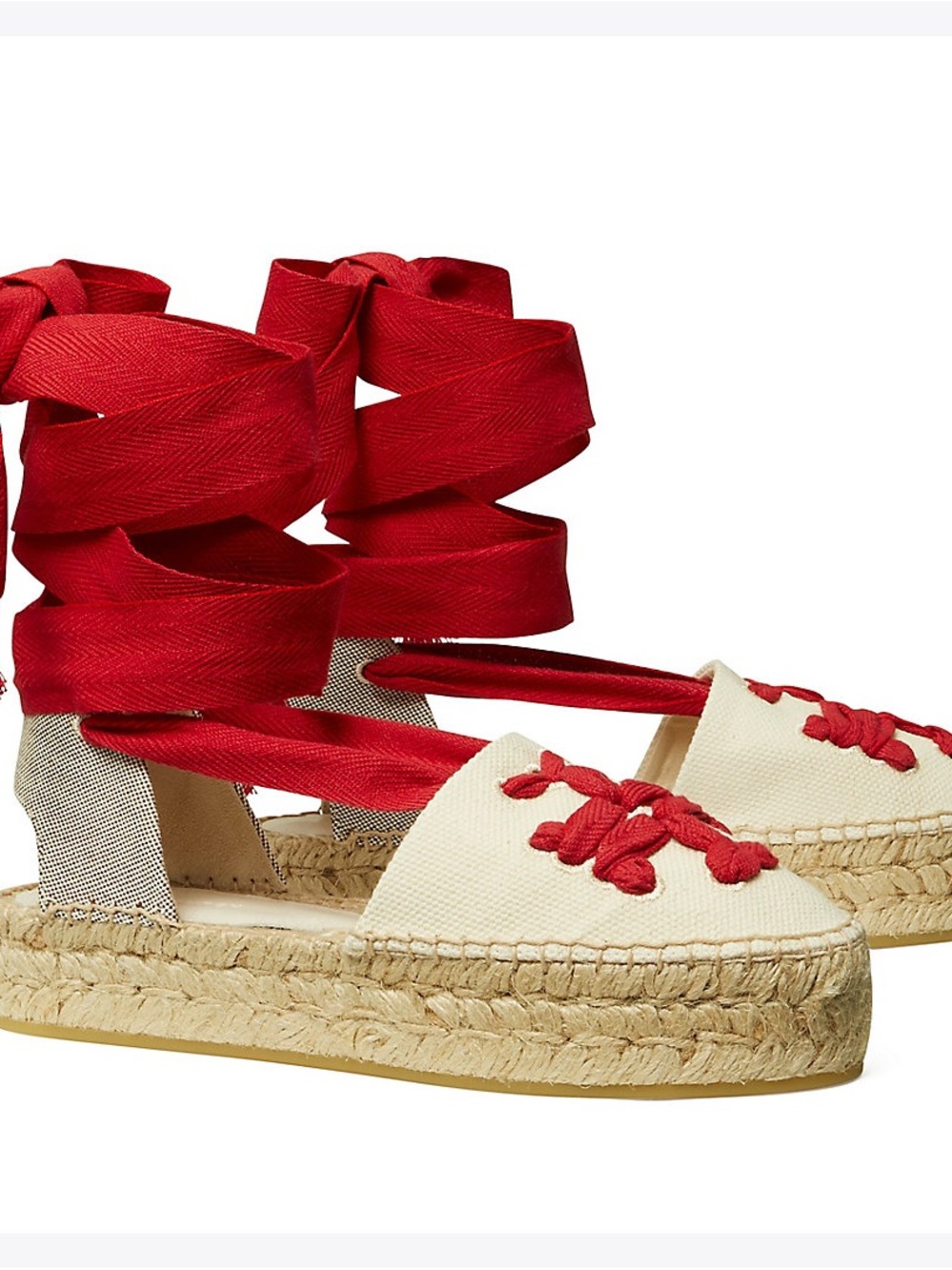 NIB Woven Double T Espadrille In Brilliant Red / Natural